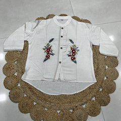 Women's Khadi Cotton Hand Embroidered White Shirt Top
