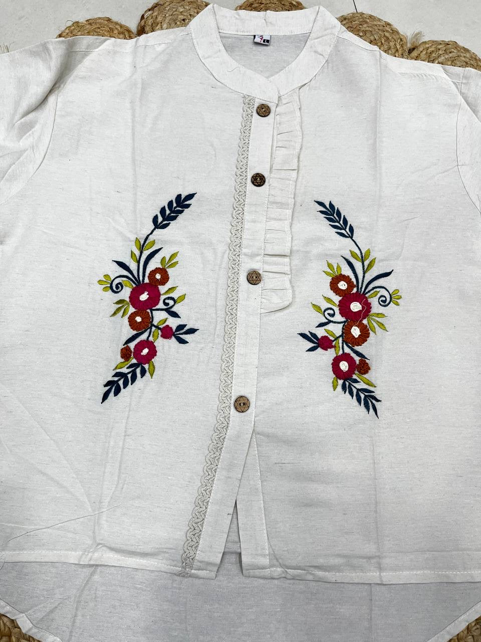 Women's Khadi Cotton Hand Embroidered White Shirt Top