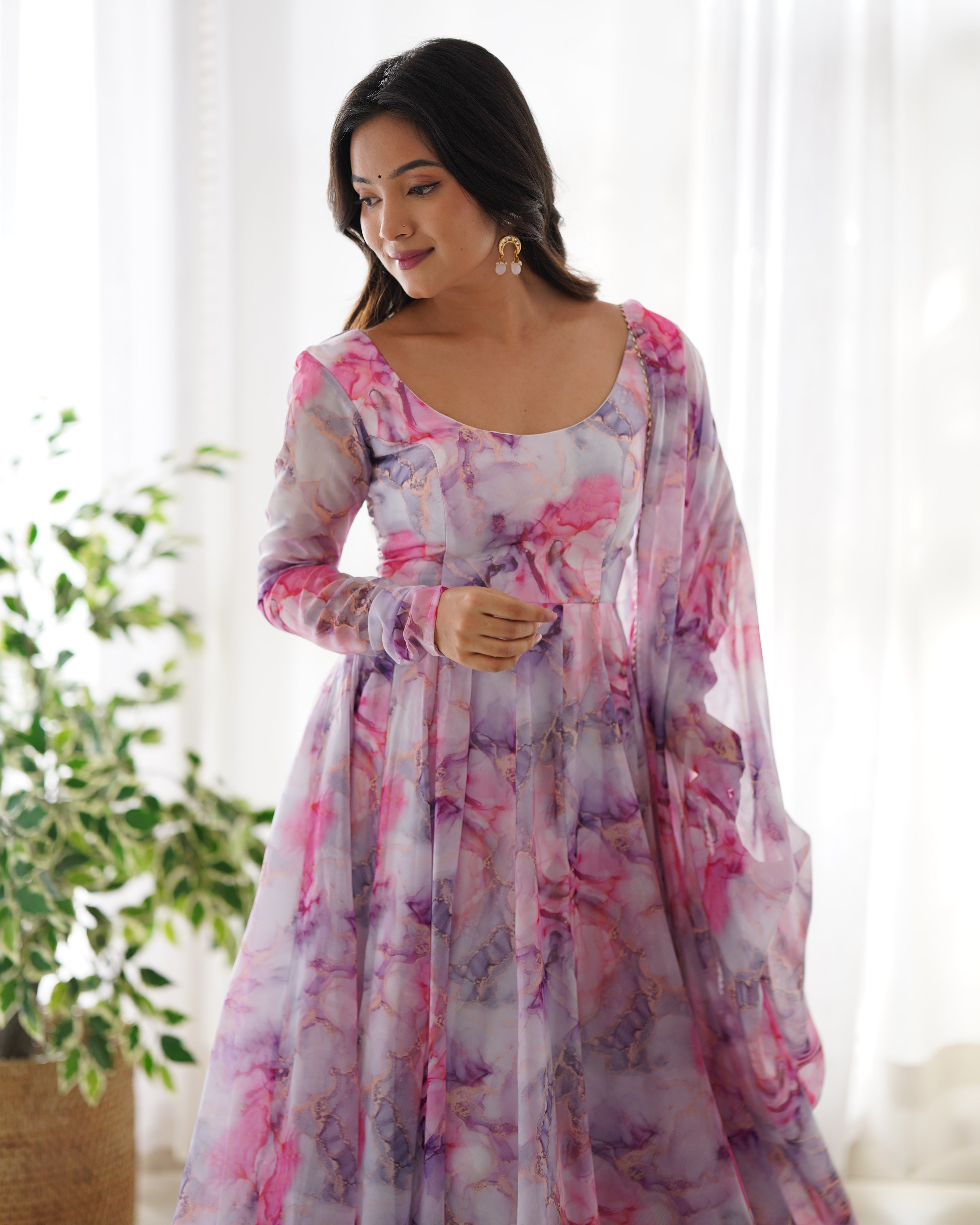 Pink Marble Organza Silk Anarkali Suit Set