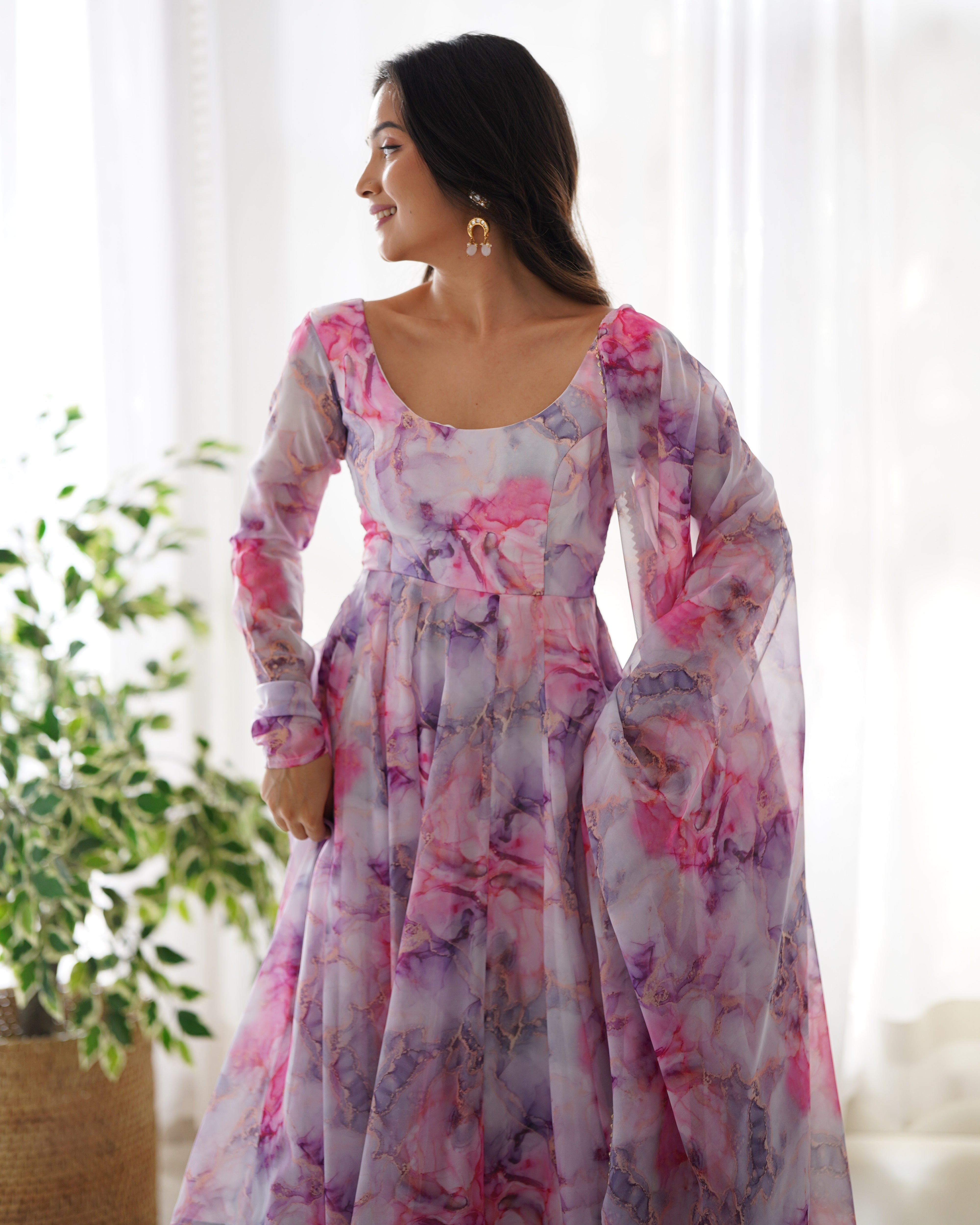 Pink Marble Organza Silk Anarkali Suit Set