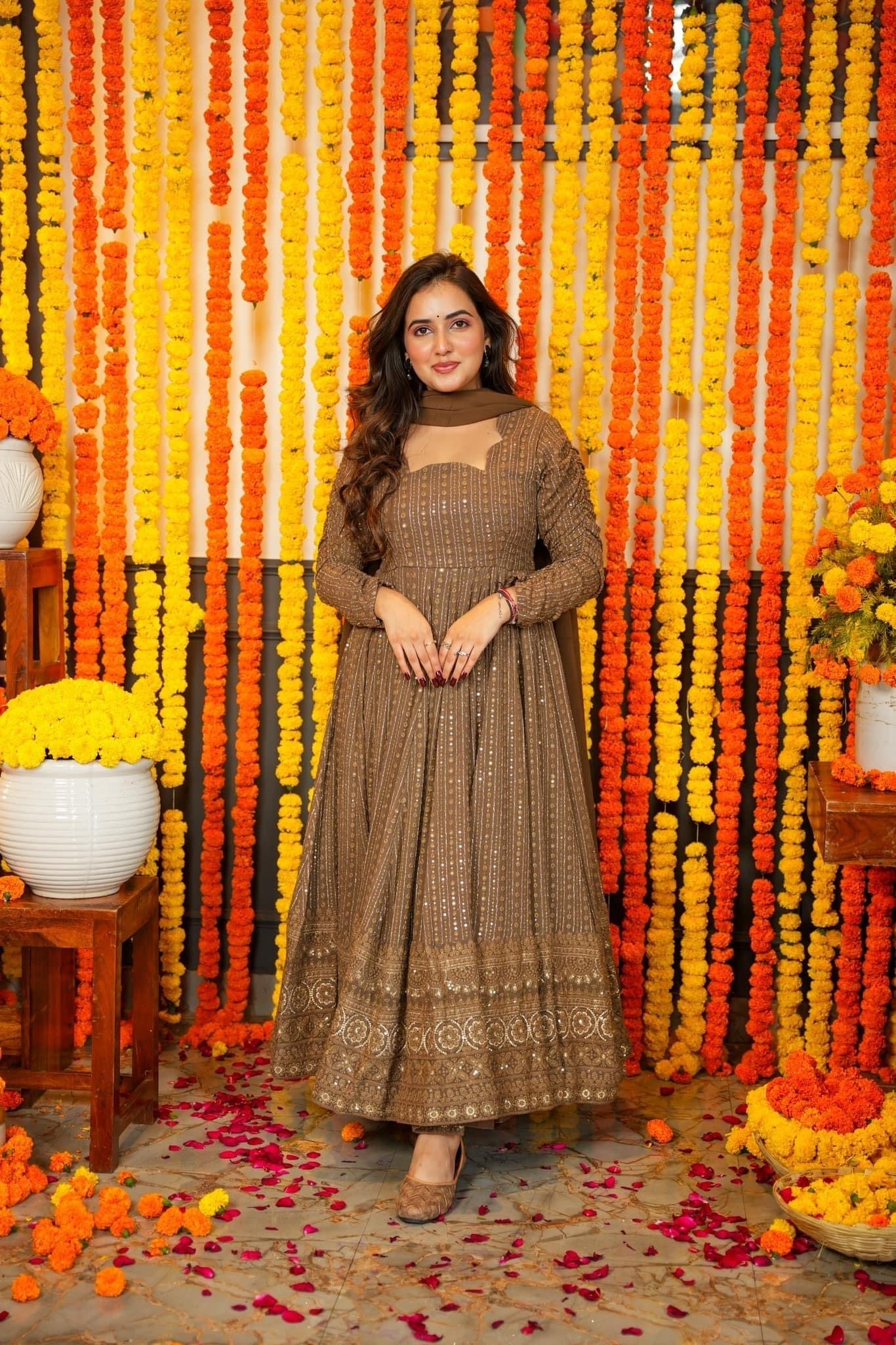 Brown Embroidered Georgette Anarkali Set