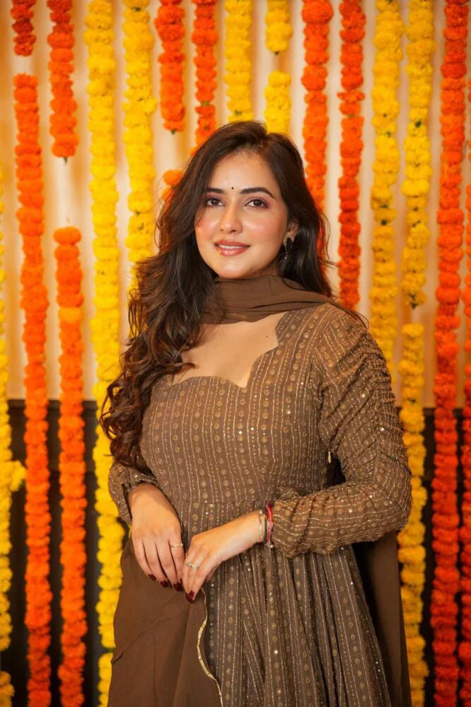 Brown Embroidered Georgette Anarkali Set