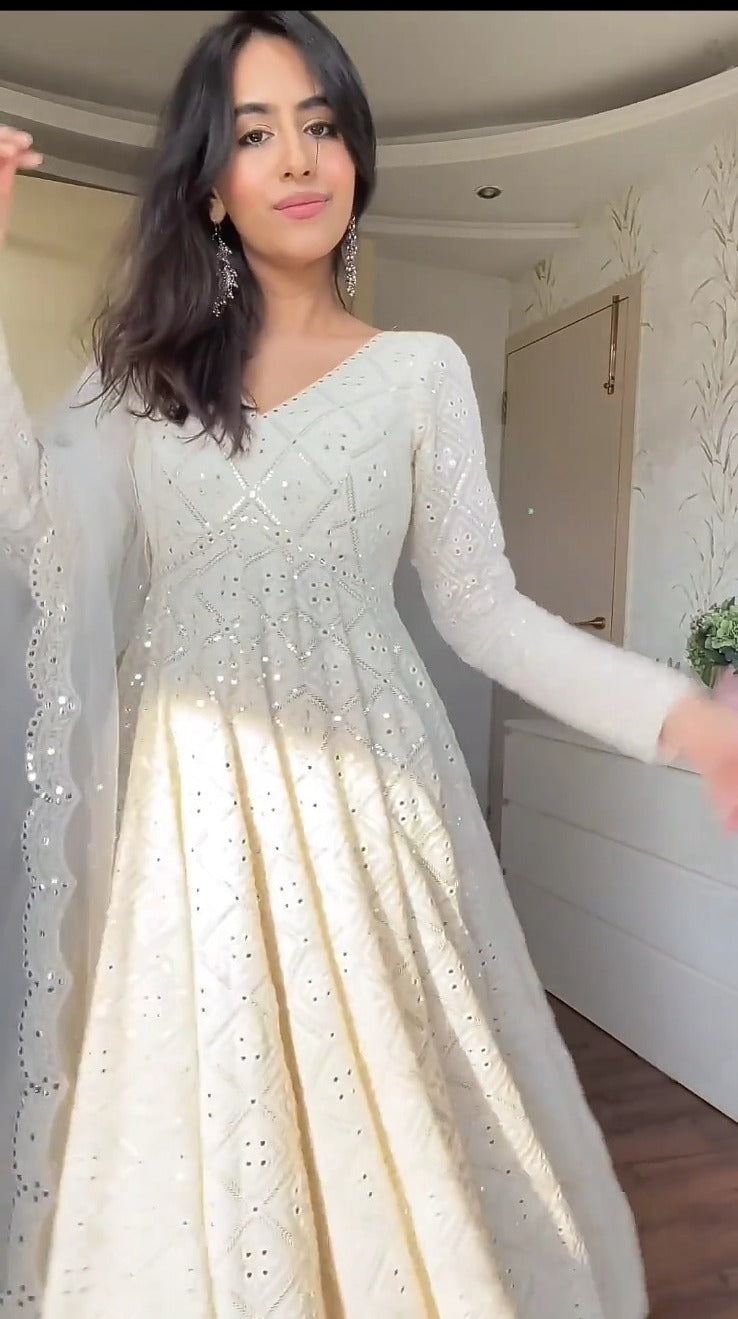 White Embroidered Georgette Anarkali Gown Set