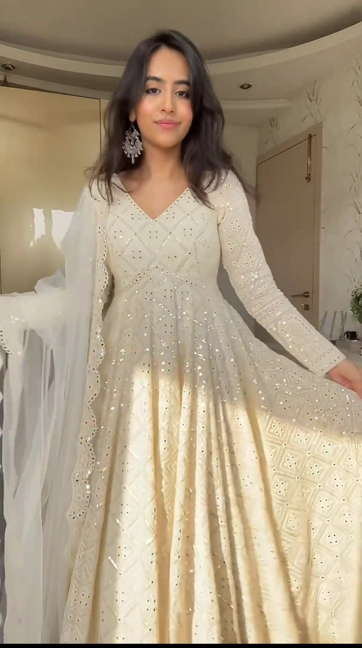 White Embroidered Georgette Anarkali Gown Set