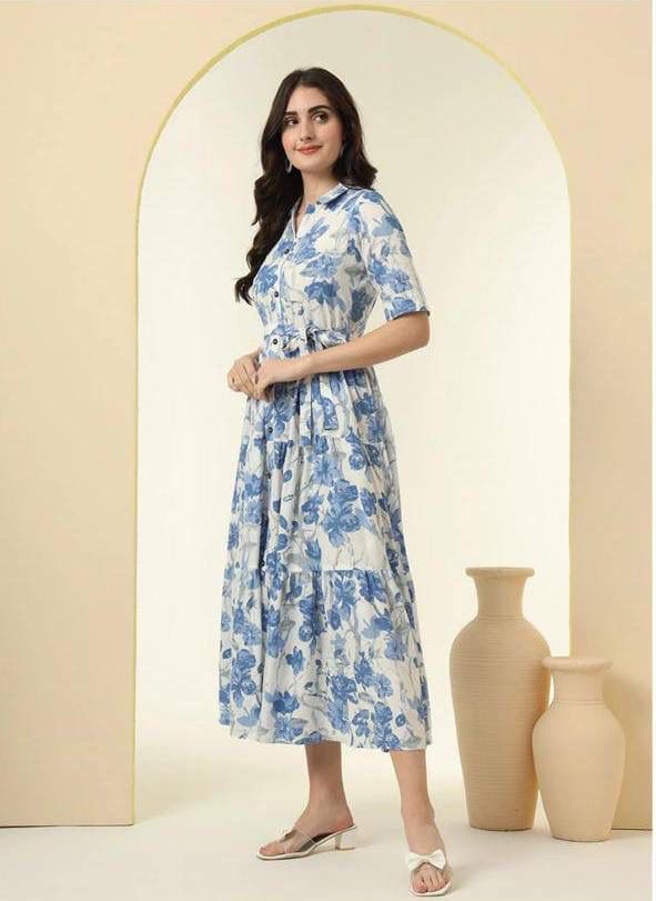 Chandramukhi Printed Rayon Slub Belted Maxi Dress