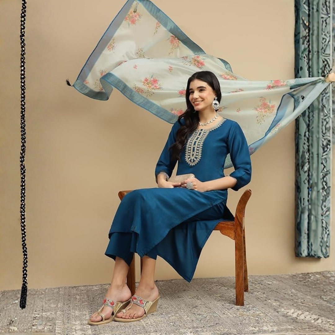 Teal Blue rayon slub 3-piece suit set image 3