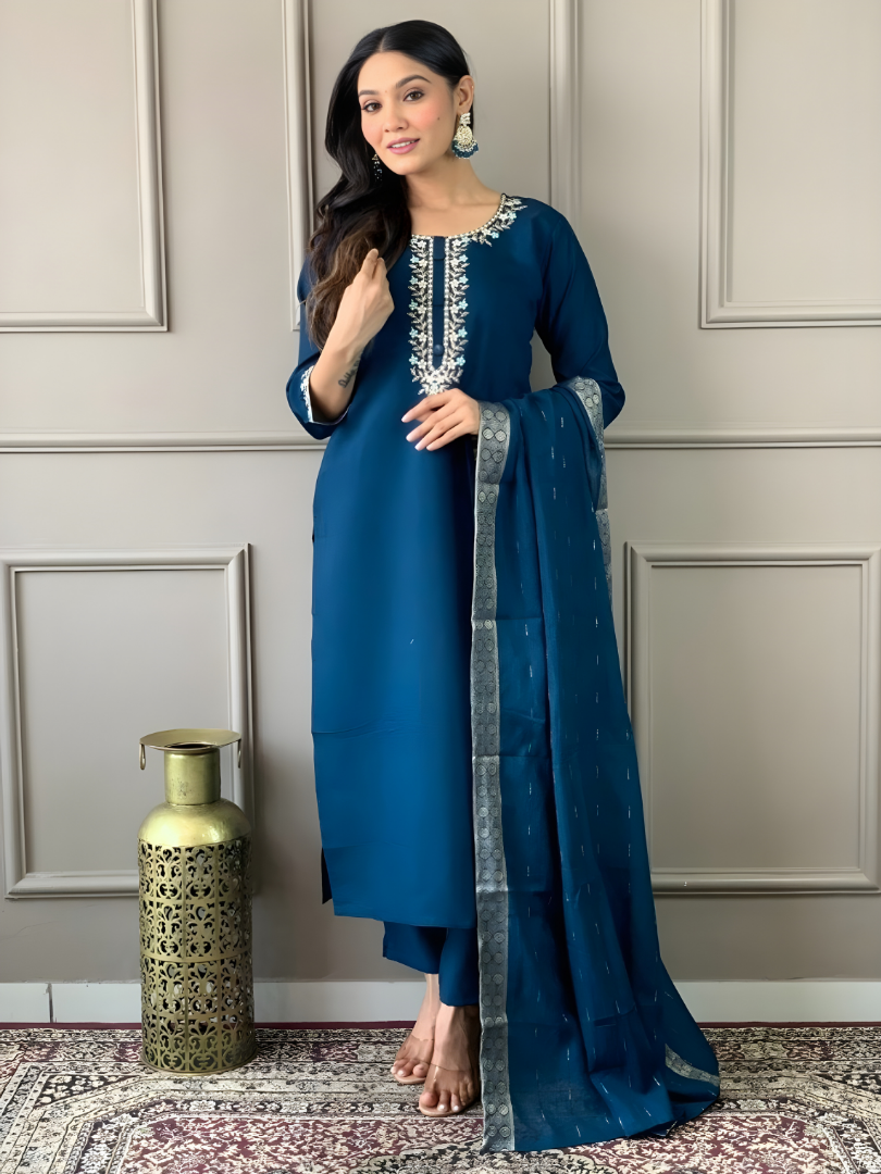 Peacock Blue rayon slub 3-piece suit set image 3