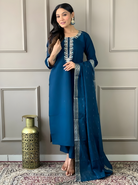 Peacock Blue rayon slub 3-piece suit set image 3