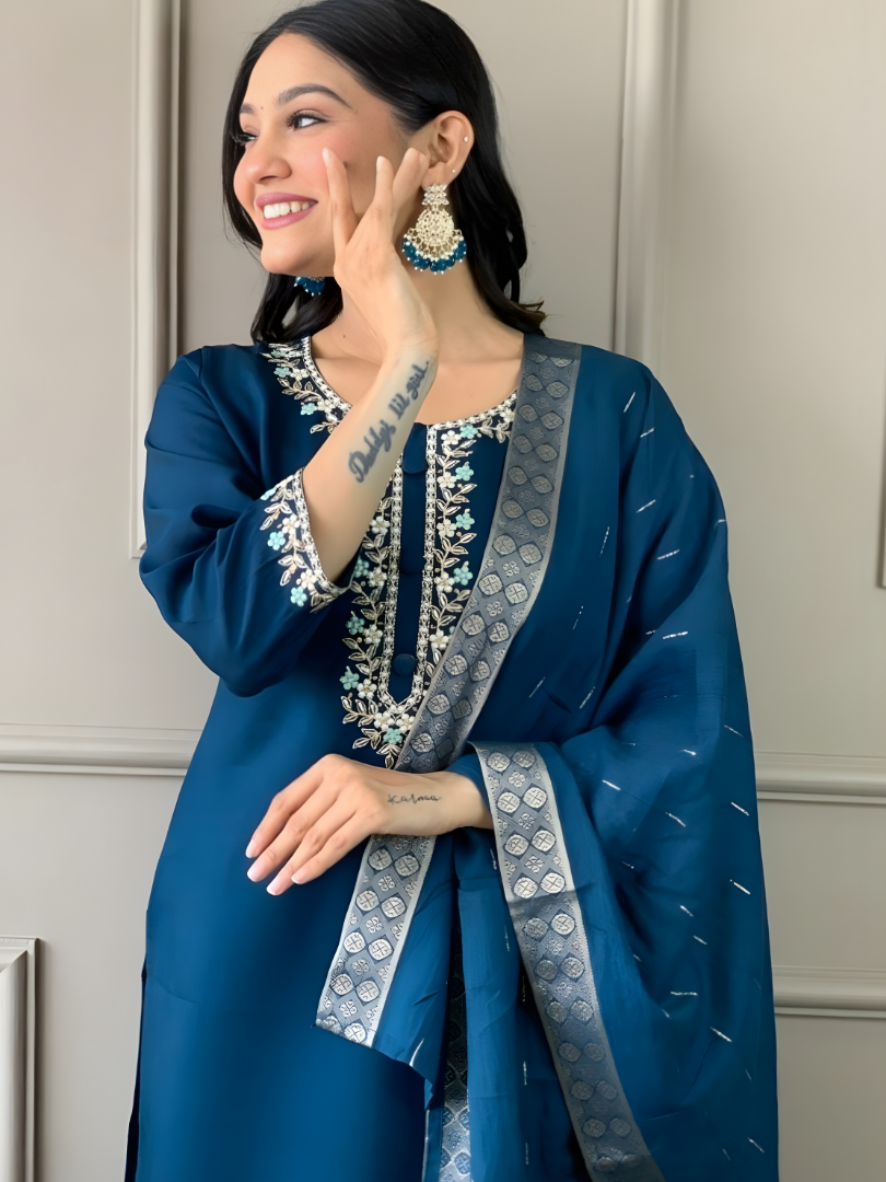 Peacock Blue rayon slub 3-piece suit set image 4