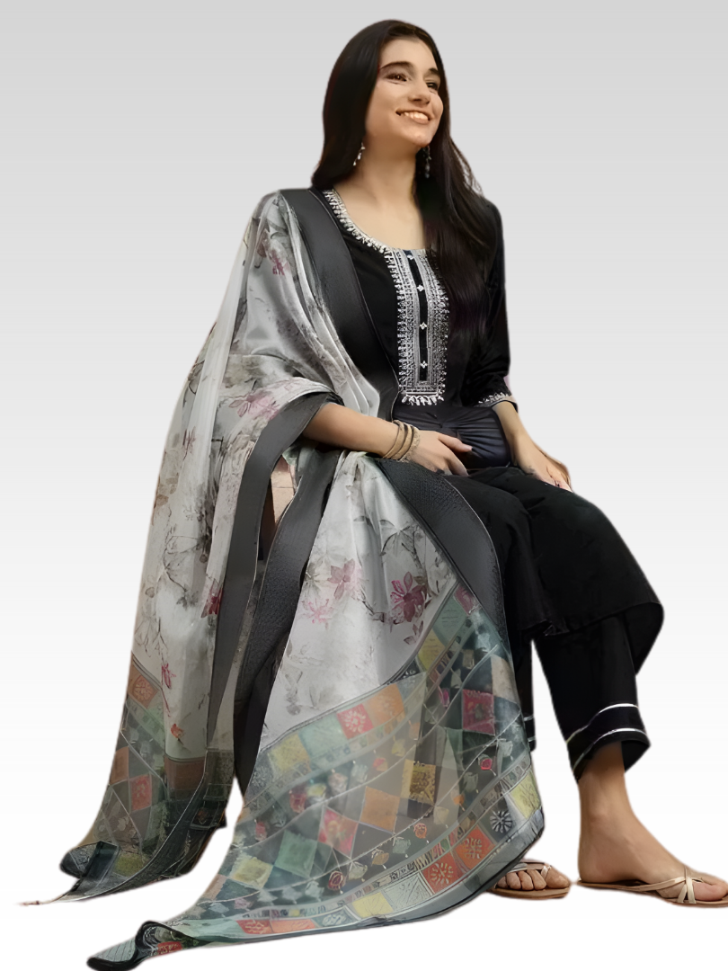 Black rayon slub 3-piece suit set image 3
