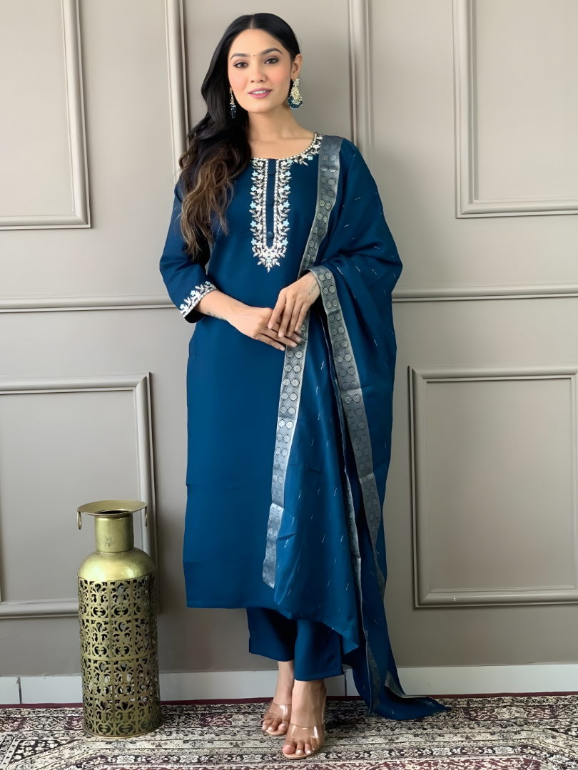 Peacock Blue rayon slub 3-piece suit set image 6
