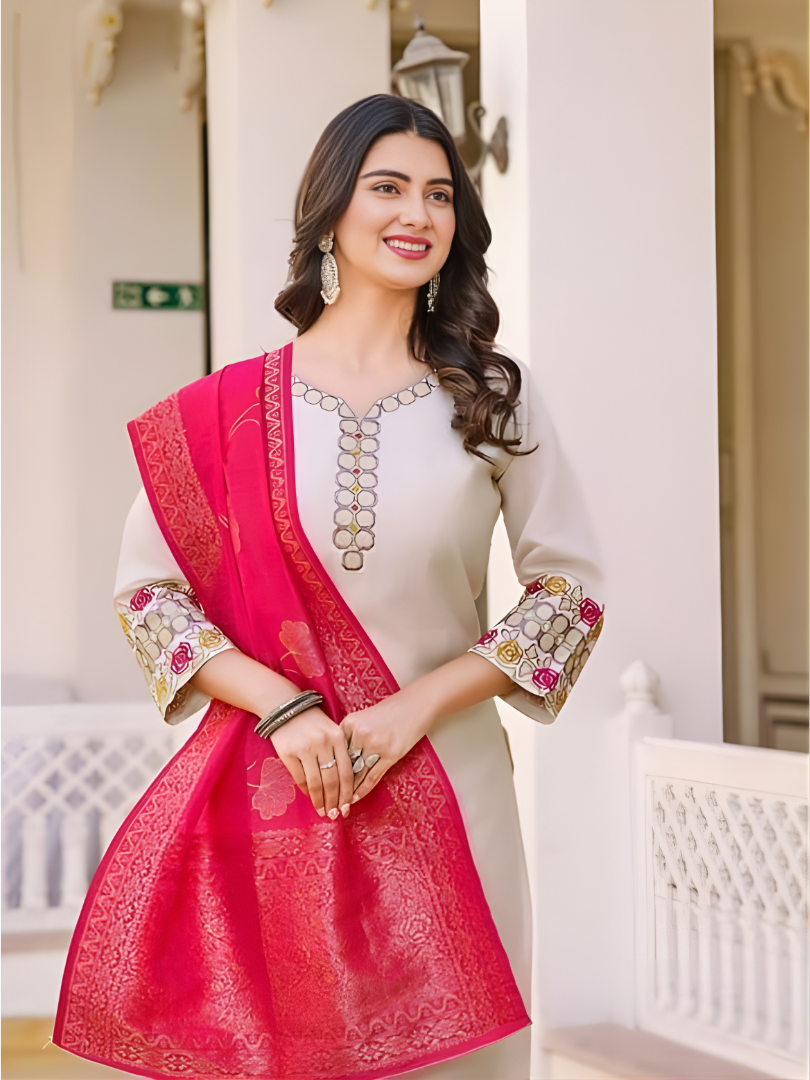 Creamy rayon slub 3-piece suit set image 3