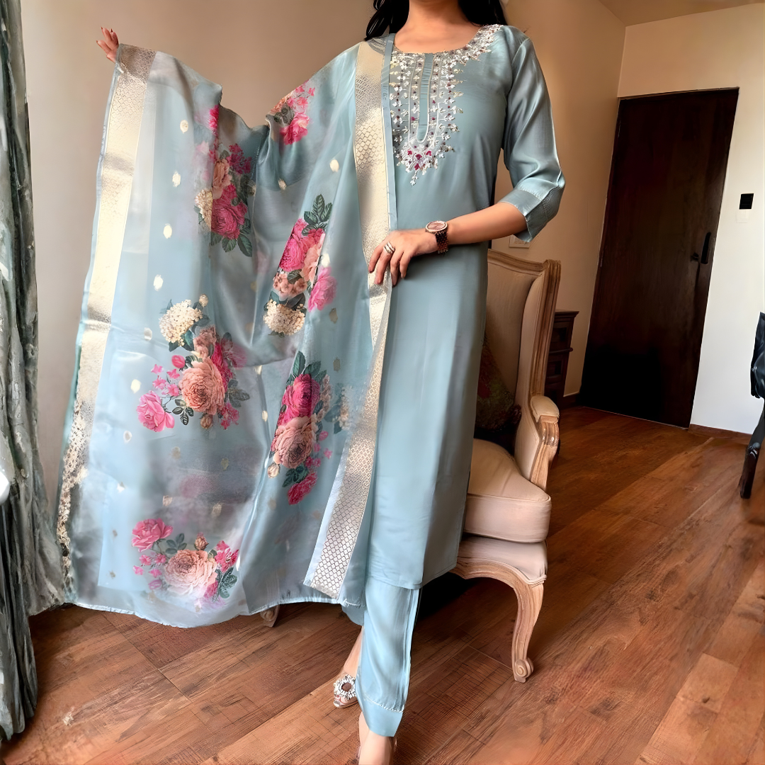 Sky Blue rayon slub 3-piece suit set image 4