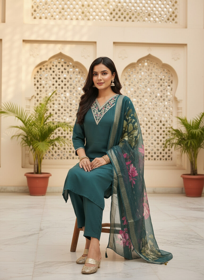Teal Green Roman silk kurta set image 5