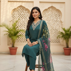 Teal Green Roman silk kurta set image 5