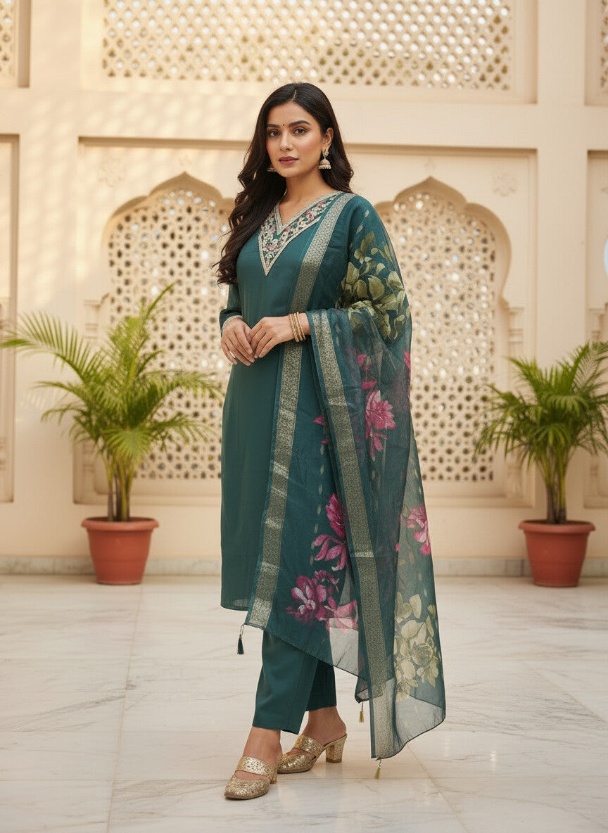 Teal Green Roman silk kurta set image 3
