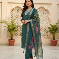 Teal Green Roman silk kurta set image 3