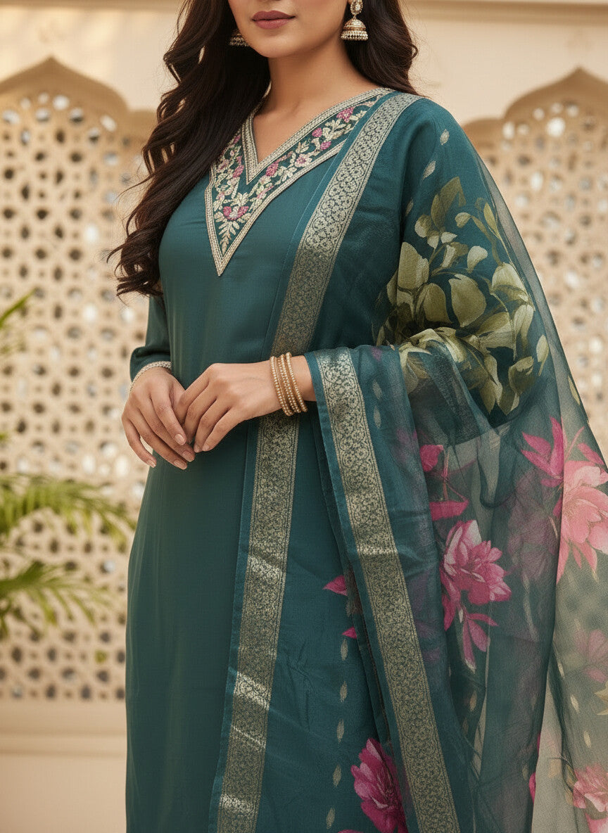 Teal Green Roman silk kurta set image 2