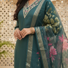 Teal Green Roman silk kurta set image 2