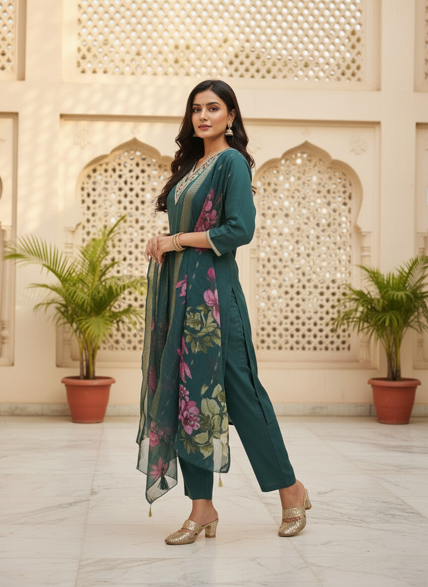 Teal Green Roman silk kurta set image 7