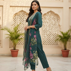 Teal Green Roman silk kurta set image 7