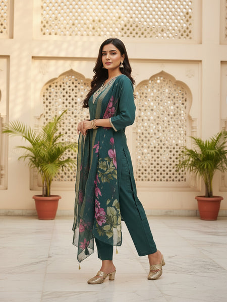 Teal Green Roman silk kurta set image 7