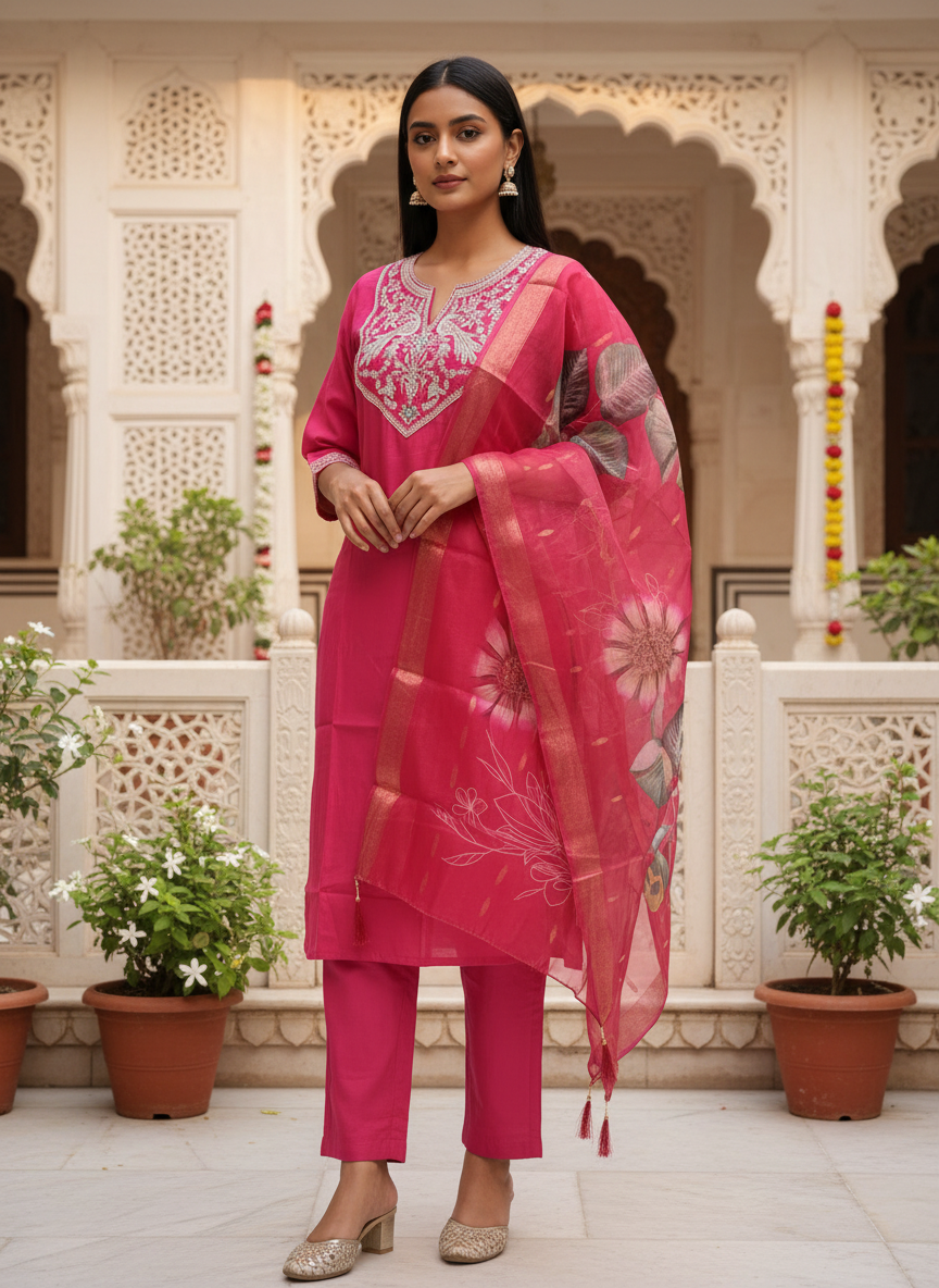 Rani Pink Roman silk kurta set image 6