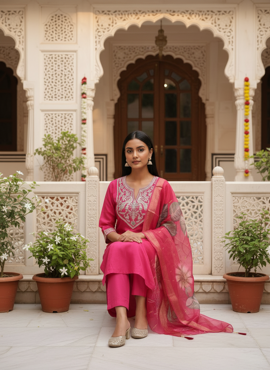 Rani Pink Roman silk kurta set image 4