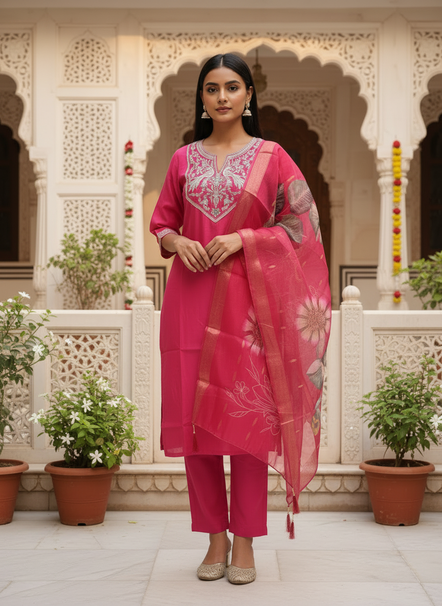 Rani Pink Roman silk kurta set image 2