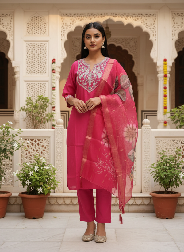 Rani Pink Roman silk kurta set image 2
