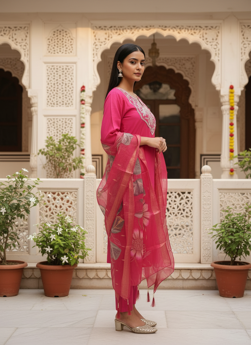 Rani Pink Roman silk kurta set image 3