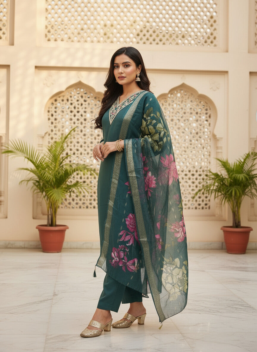 Teal Green Roman silk kurta set image 4