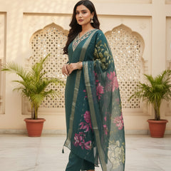 Teal Green Roman silk kurta set image 4