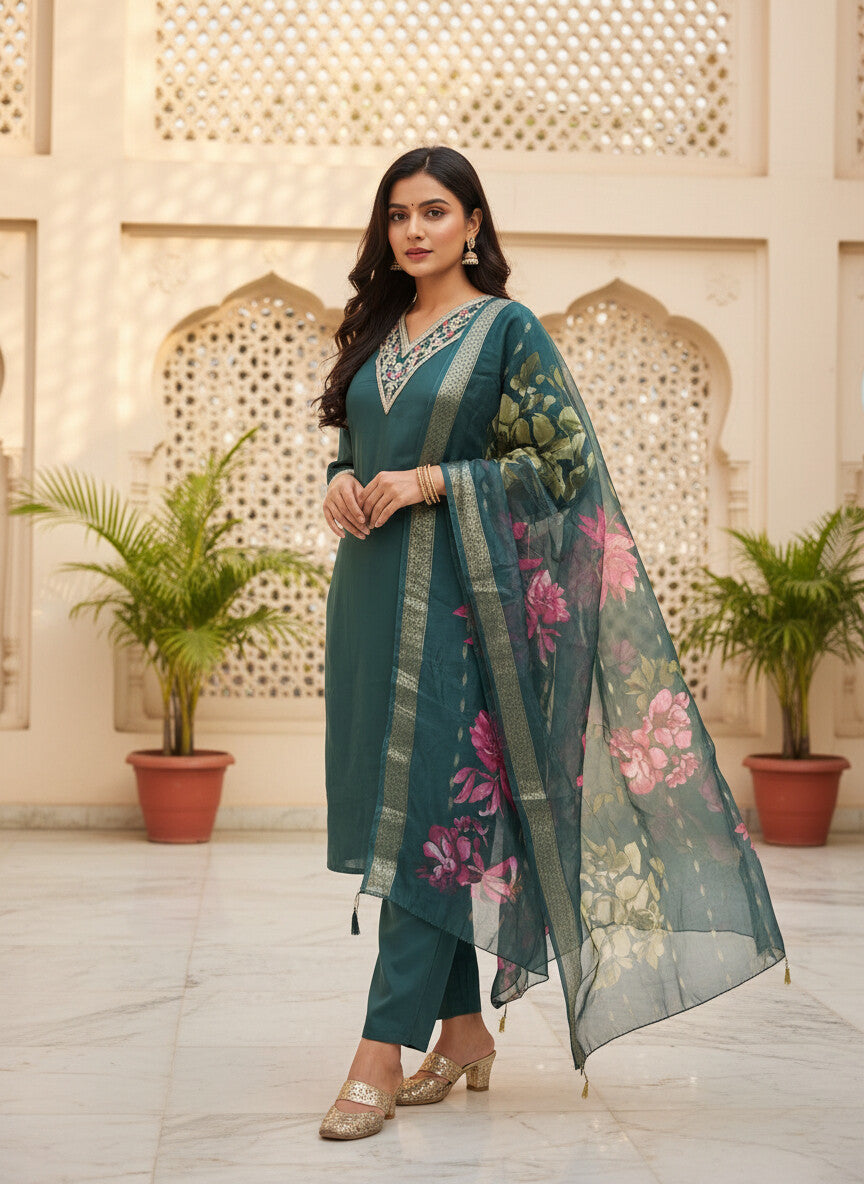 Teal Green Roman silk kurta set image 6