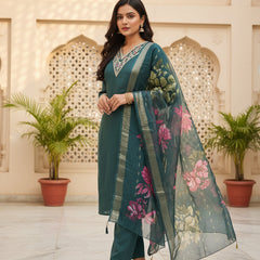 Teal Green Roman silk kurta set image 6
