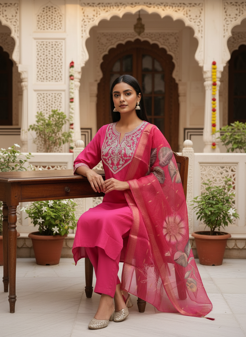 Rani Pink Roman silk kurta set image 5