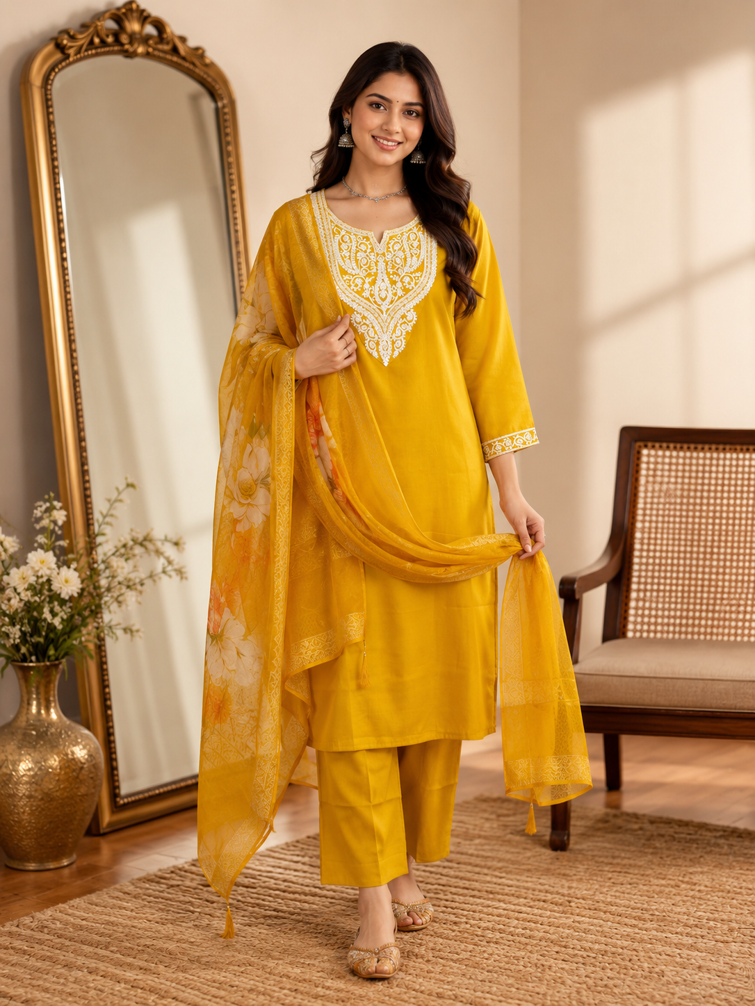 Mustard Yellow Roman silk kurta set image 2