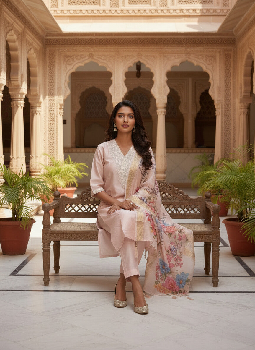 Blush Pink Roman silk kurta set image 4