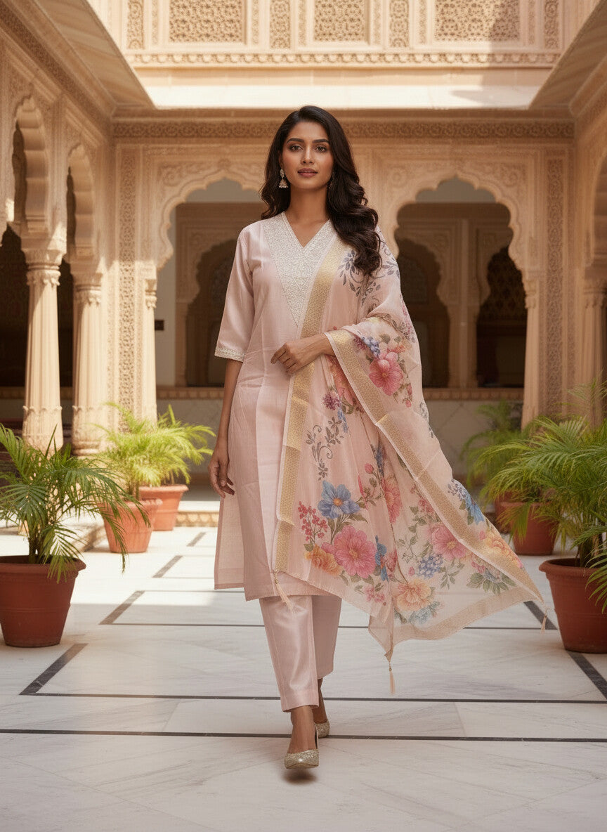 Blush Pink Roman silk kurta set image 3