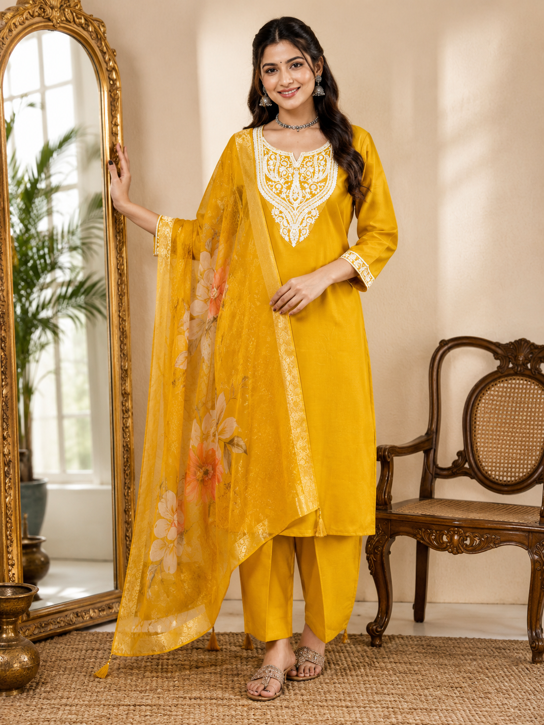 Mustard Yellow Roman silk kurta set image 3