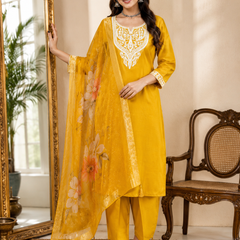 Mustard Yellow Roman silk kurta set image 3