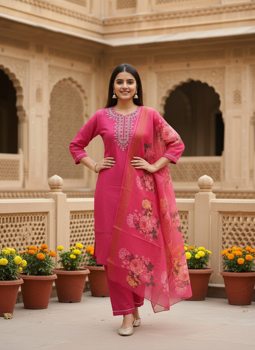 Deep Pink rayon slub 3-piece suit set image 2
