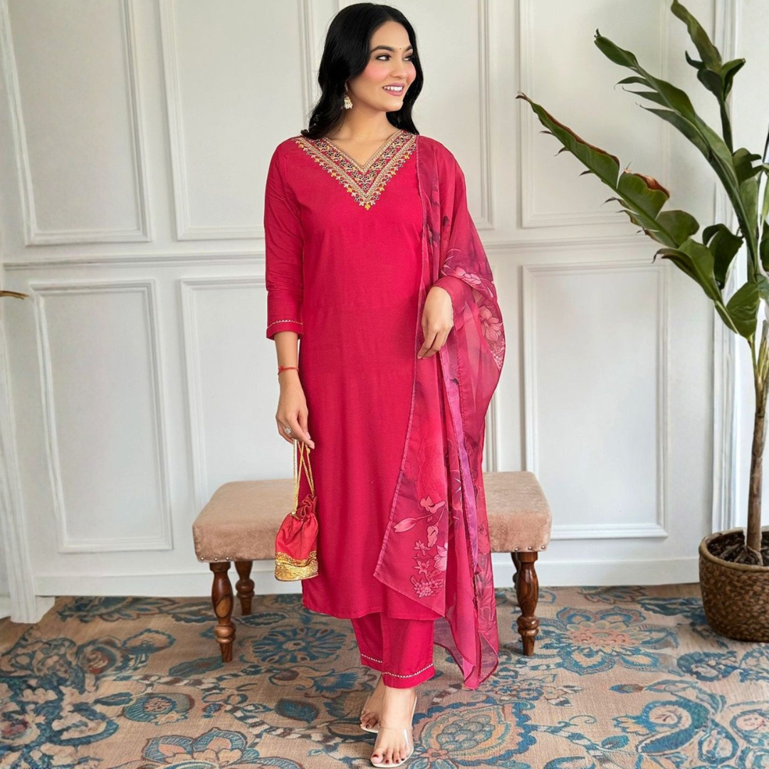 Magenta rayon slub 3-piece suit set image 6