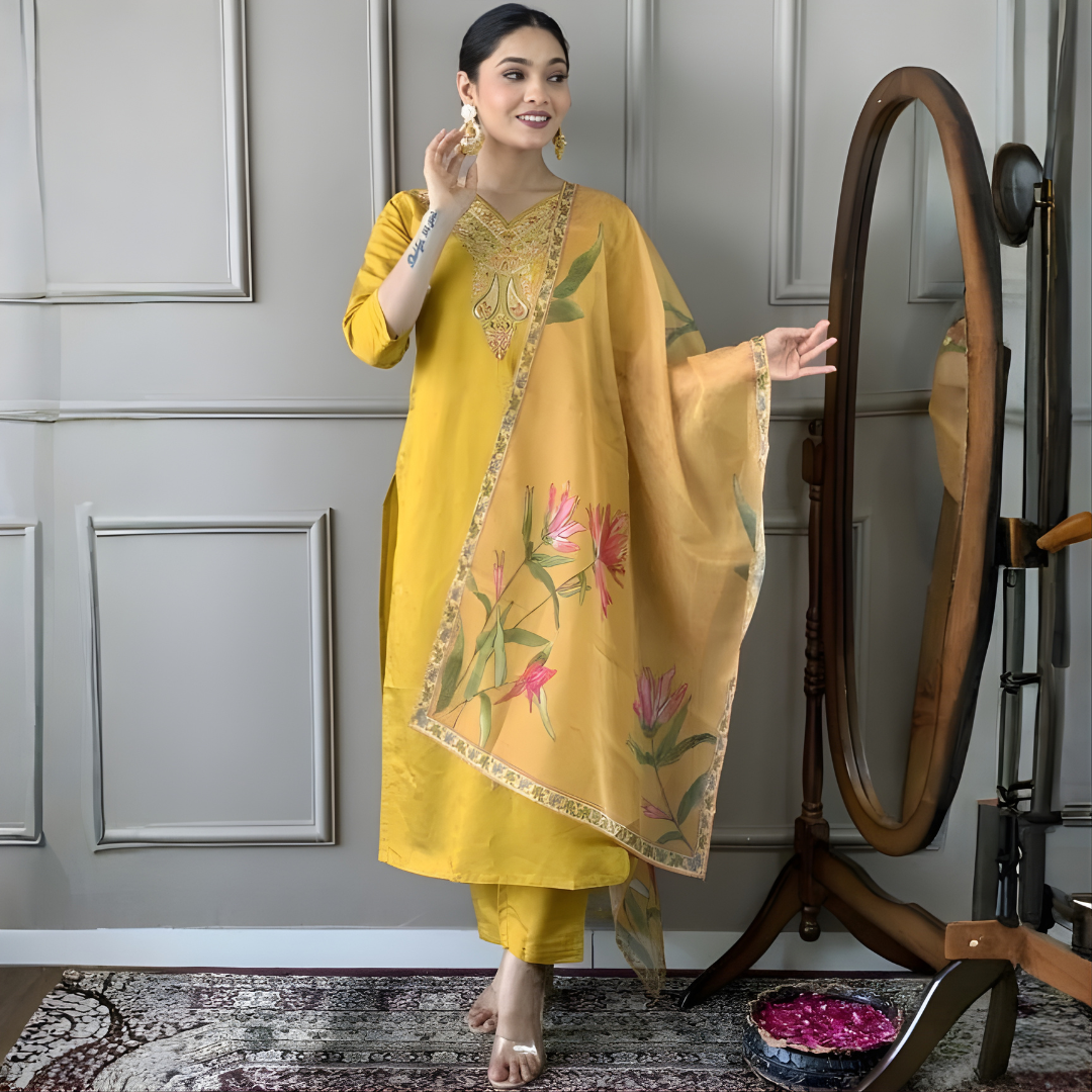 Mustard Yellow rayon slub 3-piece suit set image 2