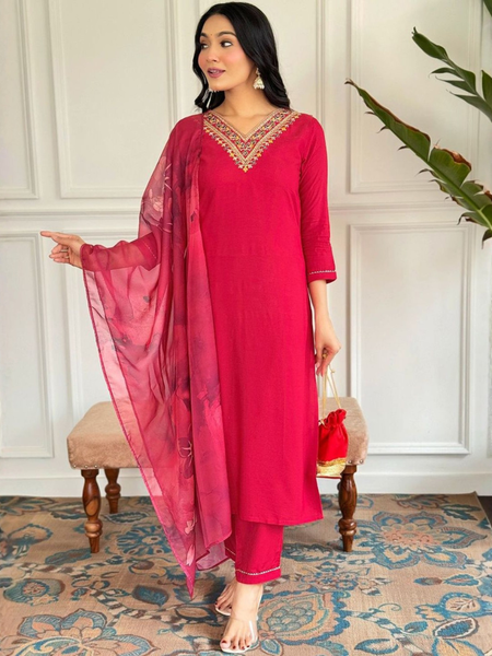 Magenta rayon slub 3-piece suit set image 2