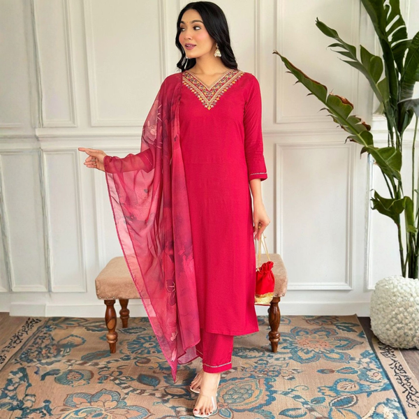 Magenta rayon slub 3-piece suit set image 2