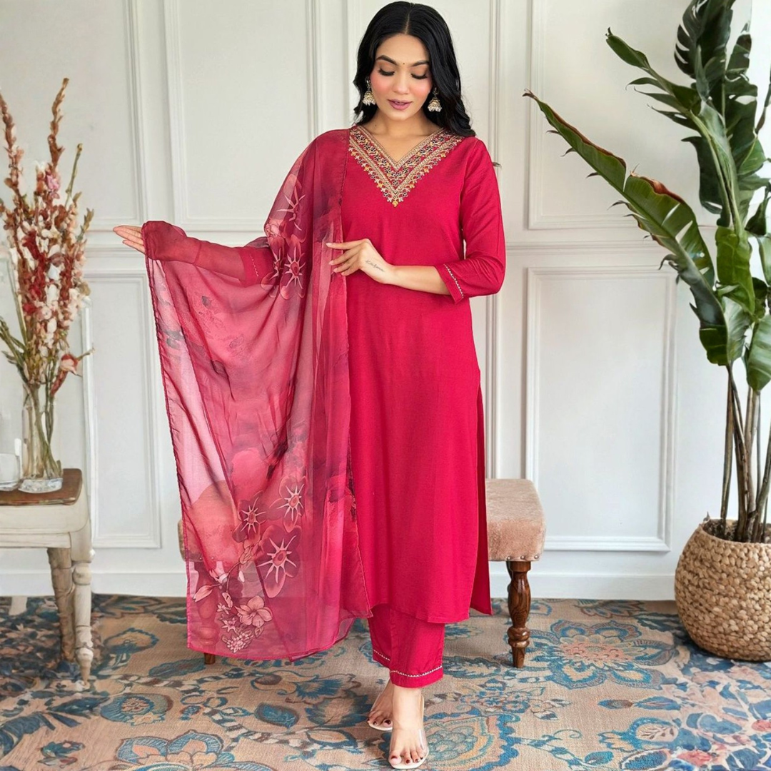 Magenta rayon slub 3-piece suit set image 7