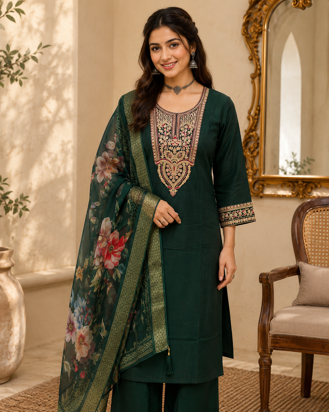 Bottle Green Roman silk kurta set image 6