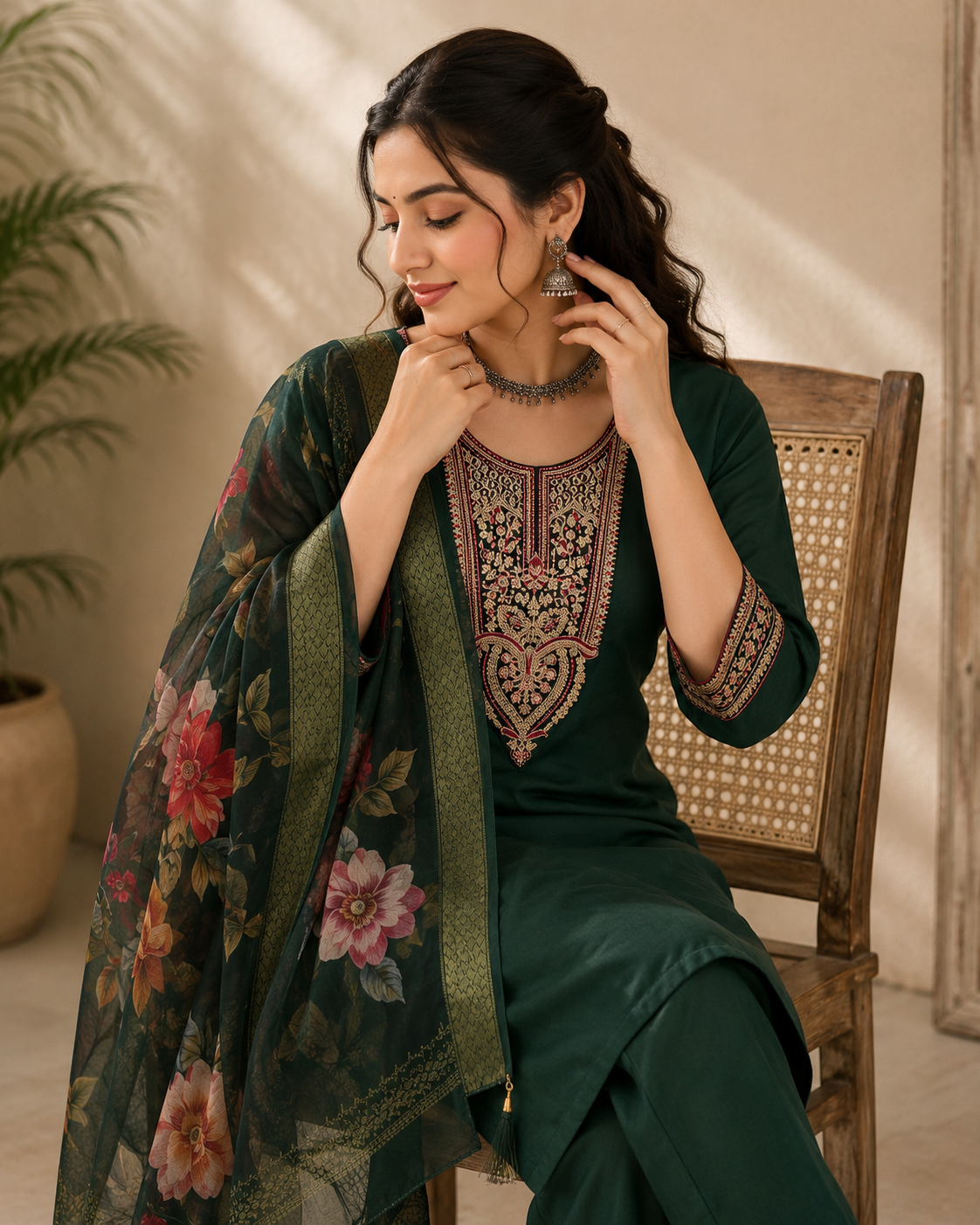 Bottle Green Roman silk kurta set image 4