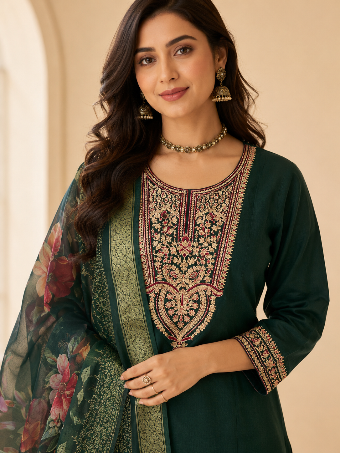Bottle Green Roman silk kurta set image 5
